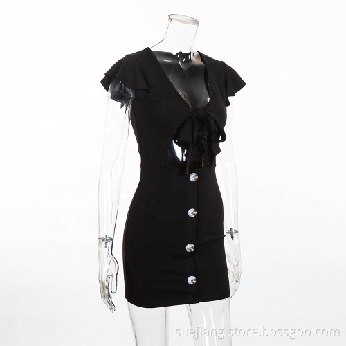 Sexy Deep V-neck Mini Solid Color Female Dress